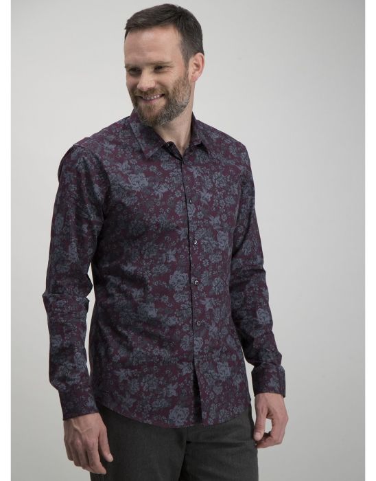 Burgundy & Grey Floral Print Slim Fit Shirt