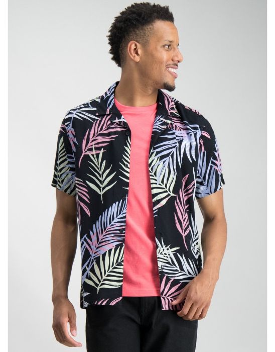 Black Neon Leaf Print Revere Collar Shirt