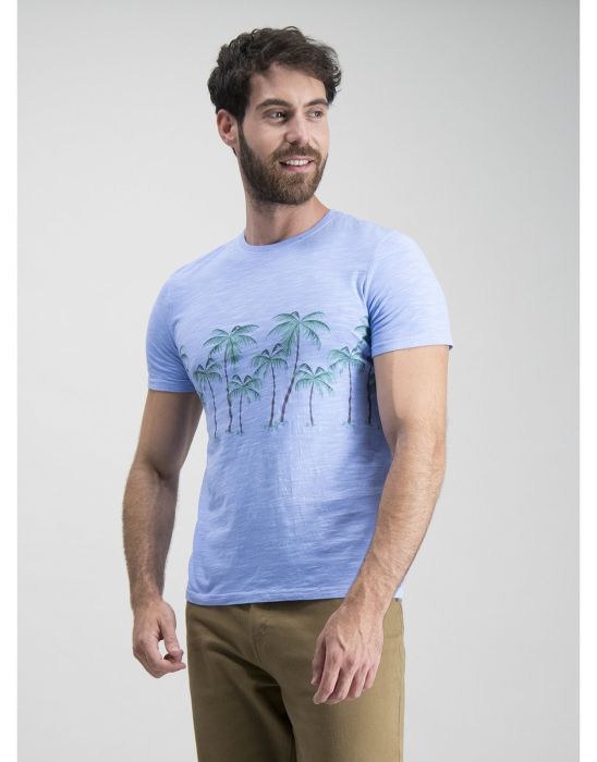 Blue Palm Print Crew Neck T-Shirt