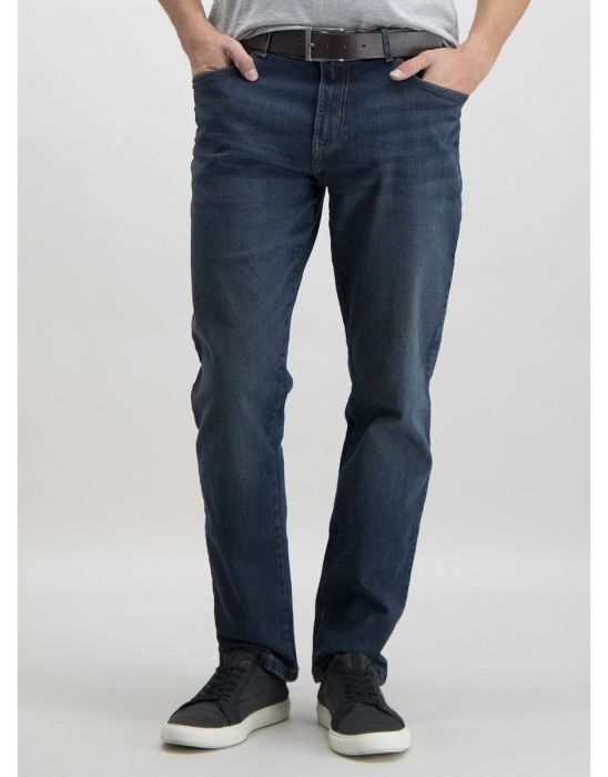 Mid Blue Denim Tapered Fit Belted Jeans With Stretch
